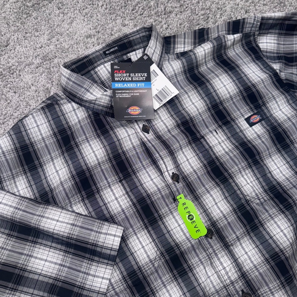 Dickies Flex Plaid Button Down Shirt Mens Relaxed Fit Stretch Black White L NEW